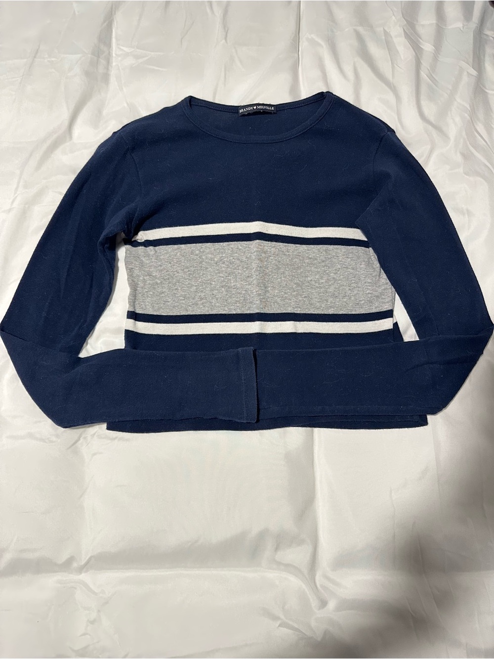 Brandy Melville Navy, Gray & White Striped Crewneck Crop Top